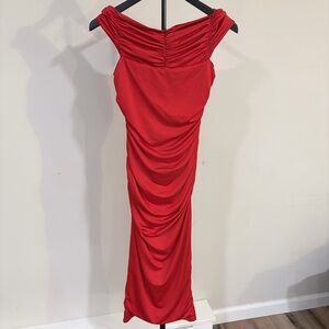 🌟2 for $10 Red Ruched Off-Shoulder Maxi Dress Bodycon Evening Chic S